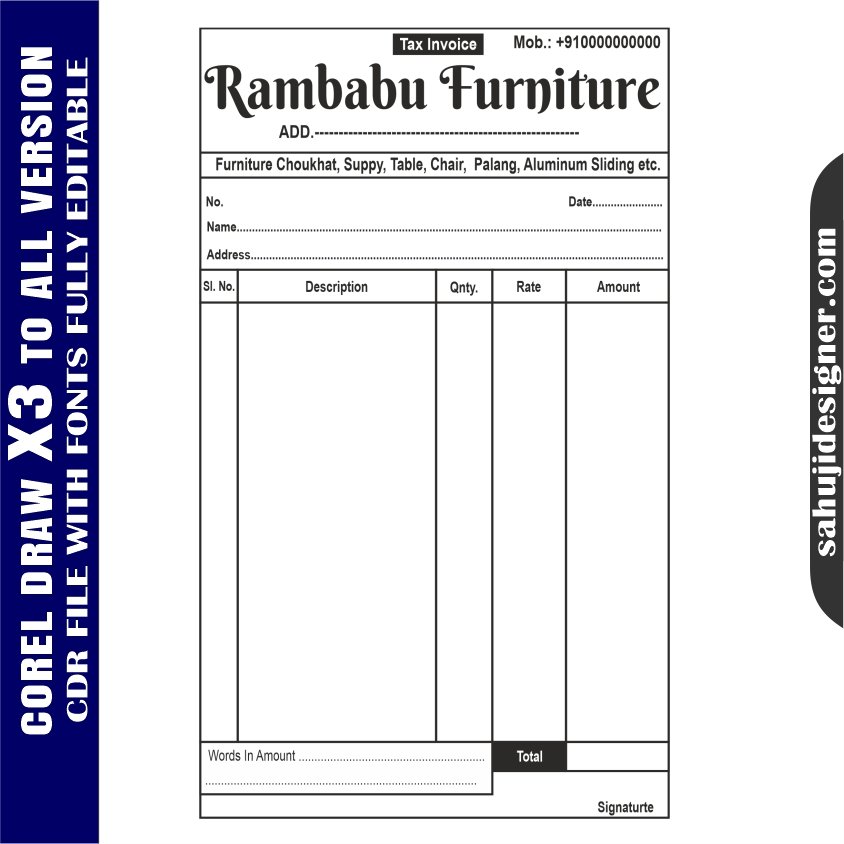 Latest And Best Furniture Shop Bill Book Design CDR File