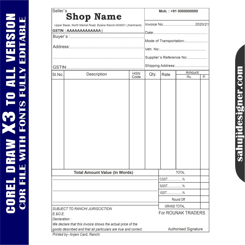 Latest And Best bill book formet Design CDR File